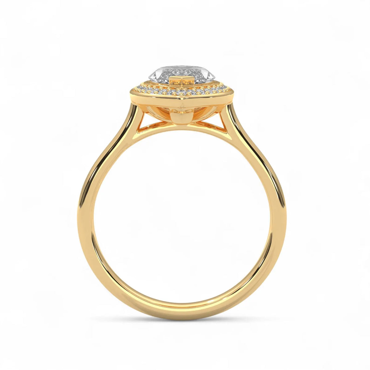 Side profile view of a 4 carat marquise lab diamond engagement ring with cathedral setting in yellow gold.