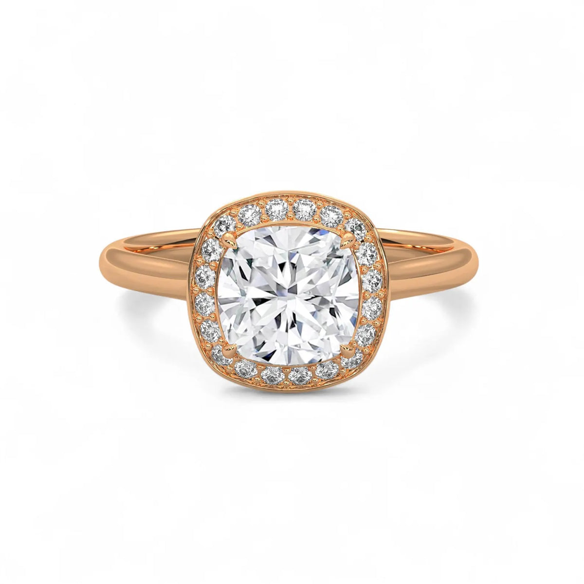 Top-down view of a 3 CT cushion cut lab grown diamond micro-pavé halo ring in rose gold.