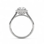 Side profile view of white gold 3 CT cushion lab grown diamond engagement ring showing cathedral bridge detail.