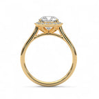 Side profile view of a yellow gold 3 CT cushion lab diamond engagement ring showing cathedral arch basket.
