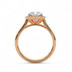 Side profile view of rose gold 3 carat cushion cut lab diamond engagement ring with cathedral setting.