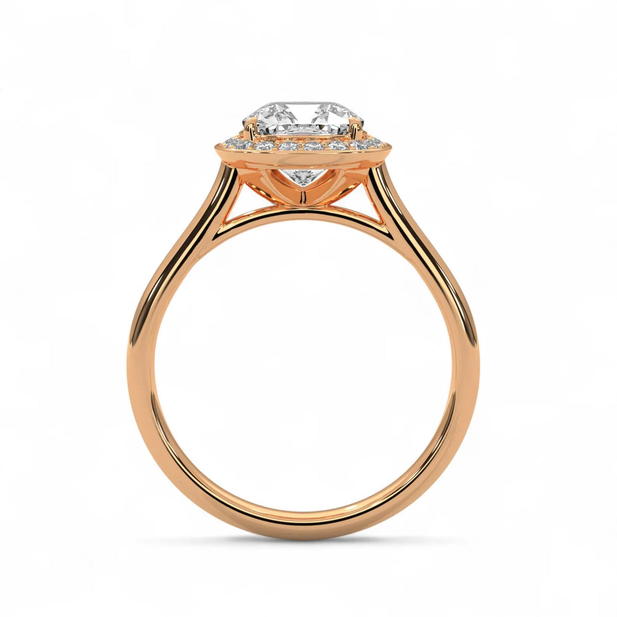 Side profile view of rose gold 3 carat cushion cut lab diamond engagement ring with cathedral setting.
