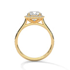 Side profile view of a yellow gold 3 CT cushion cut lab diamond engagement ring with halo and pavé band.