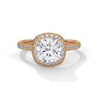 Top-down view of a 3 CT cushion cut lab grown diamond engagement ring with micro-pavé halo and pavé band in rose gold.