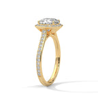 Angled side view of a yellow gold 3 CT cushion cut lab diamond engagement ring showcasing cathedral arch and pavé band.