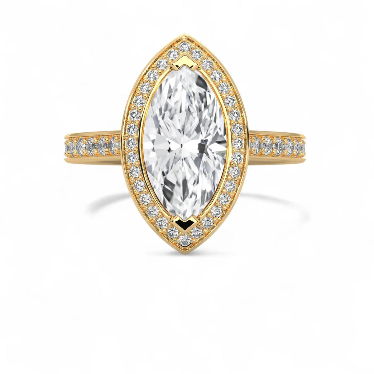 Top-down view of a 4 CT marquise cut lab grown diamond halo engagement ring with pavé band in 14k yellow gold.