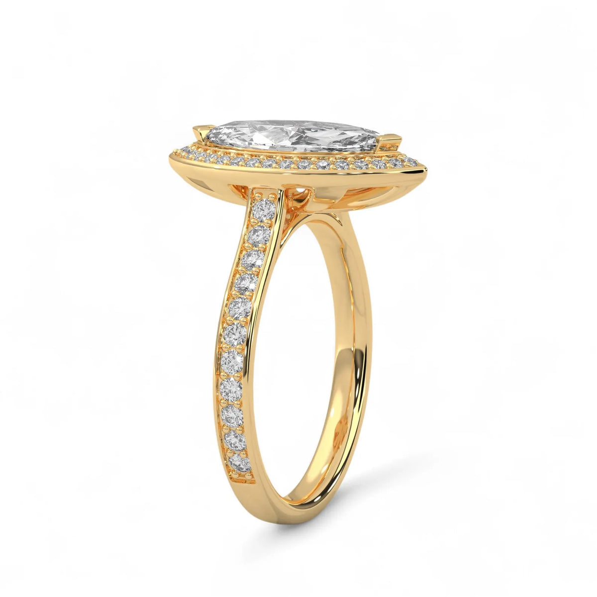 Angled side view of a yellow gold 4 CT marquise cut lab diamond halo engagement ring with pavé band.