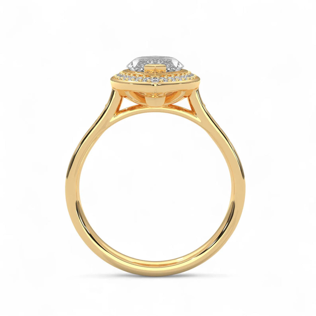 Side profile view of a yellow gold 4 CT marquise lab diamond engagement ring showing cathedral arch setting.