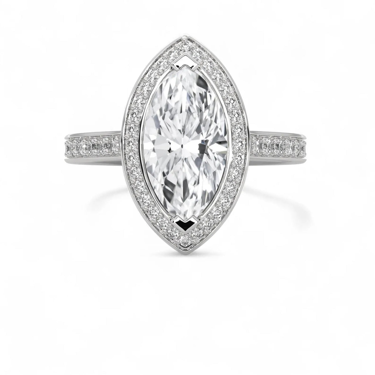 Top-down view of a 4 CT marquise cut lab grown diamond halo engagement ring in white gold with pavé band.
