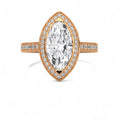 Top-down view of a 4 CT marquise cut lab grown diamond micro-pavé halo ring in rose gold.