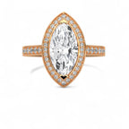 Top-down view of a 4 CT marquise cut lab grown diamond micro-pavé halo ring in rose gold.