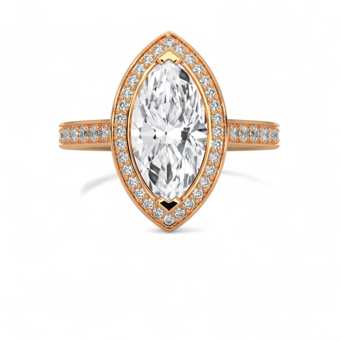Top-down view of a 4 CT marquise cut lab grown diamond micro-pavé halo ring in rose gold.