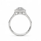 Side profile view of a white gold 4 CT marquise lab diamond halo ring with cathedral bridge setting.