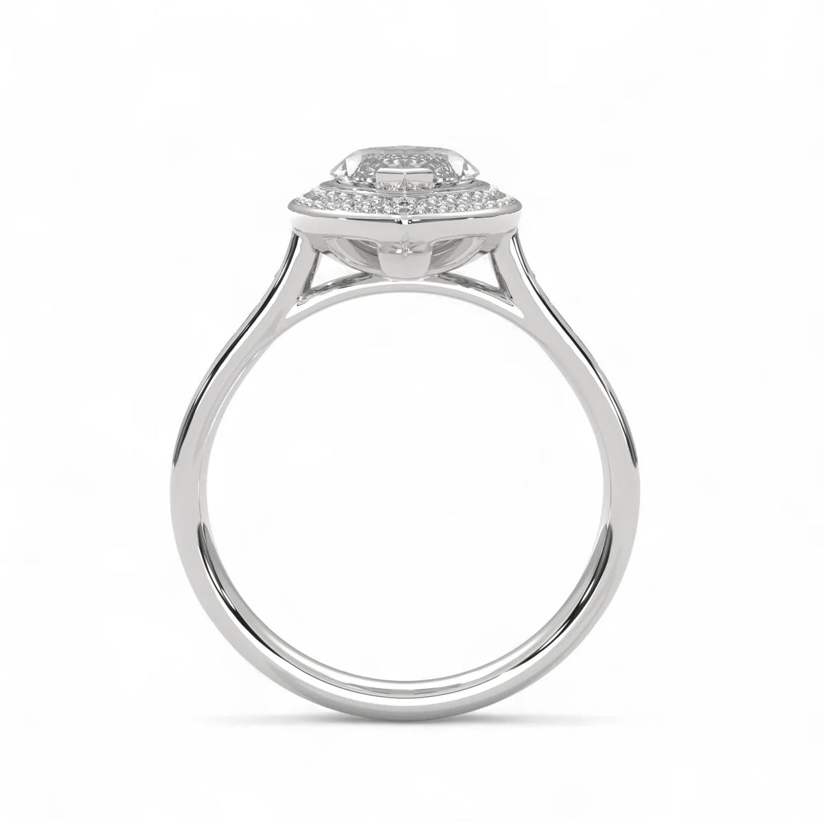 Side profile view of a white gold 4 CT marquise lab diamond halo ring with cathedral bridge setting.