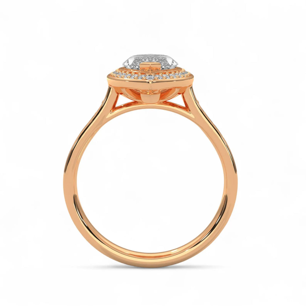 Side profile view of a rose gold 4 CT marquise cut lab grown diamond halo ring showing cathedral setting.