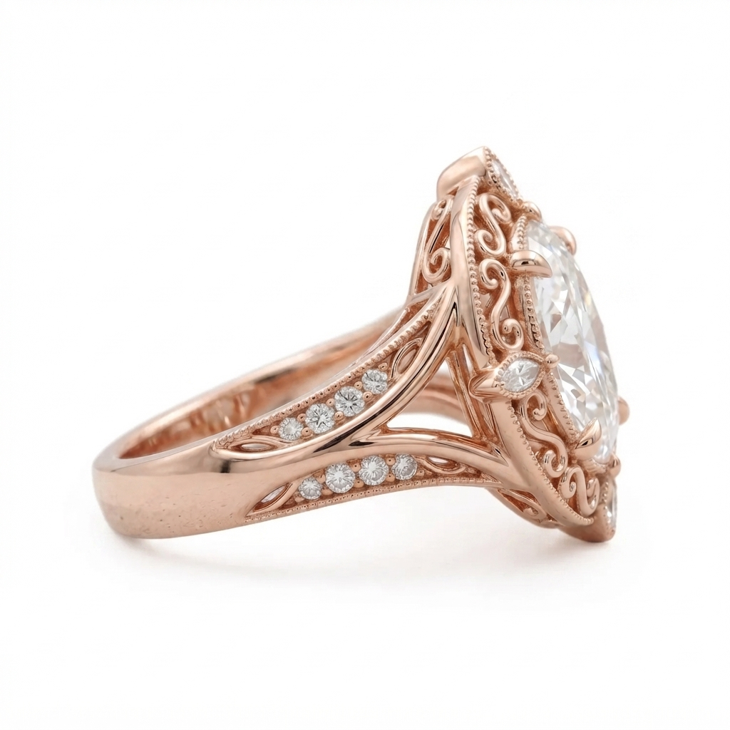Side profile view of a rose gold vintage 3 CT oval lab grown diamond ring with filigree scrollwork and split shank.