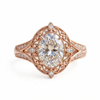 Top-down view of a 3 CT oval cut lab grown diamond vintage halo ring with filigree and milgrain in rose gold.