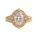 Top-down view of a 3 CT oval cut lab diamond antique filigree halo engagement ring in yellow gold.