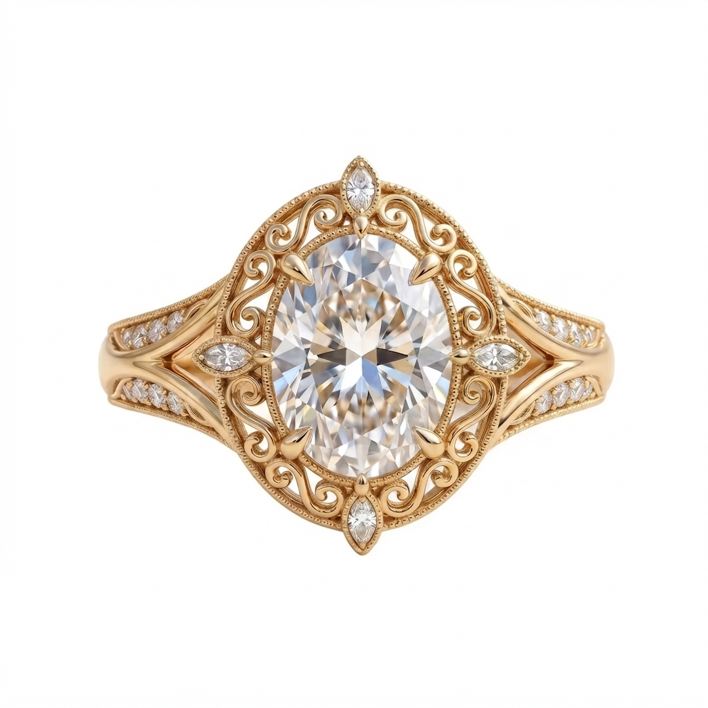 Top-down view of a 3 CT oval cut lab diamond antique filigree halo engagement ring in yellow gold.