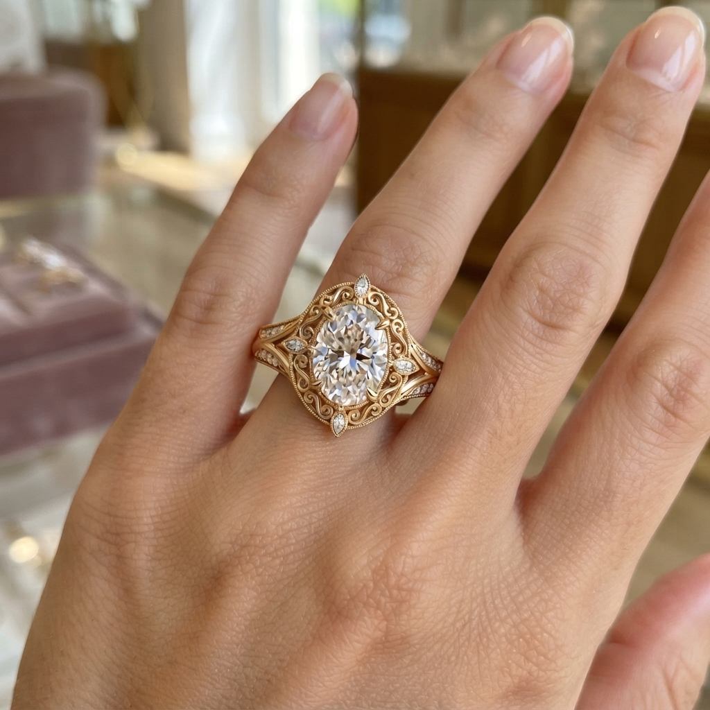 On-hand view of a 3 CT oval lab grown diamond vintage filigree halo engagement ring on ring finger.