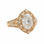 Angled perspective view of a yellow gold vintage 3 carat oval lab diamond ring featuring ornate filigree scrollwork.