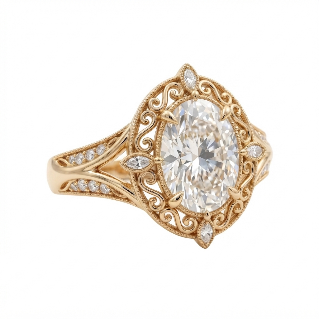 Angled perspective view of a yellow gold vintage 3 carat oval lab diamond ring featuring ornate filigree scrollwork.
