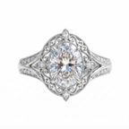 Top-down view of a 3 CT oval cut lab grown diamond filigree halo ring with split shank in white gold.