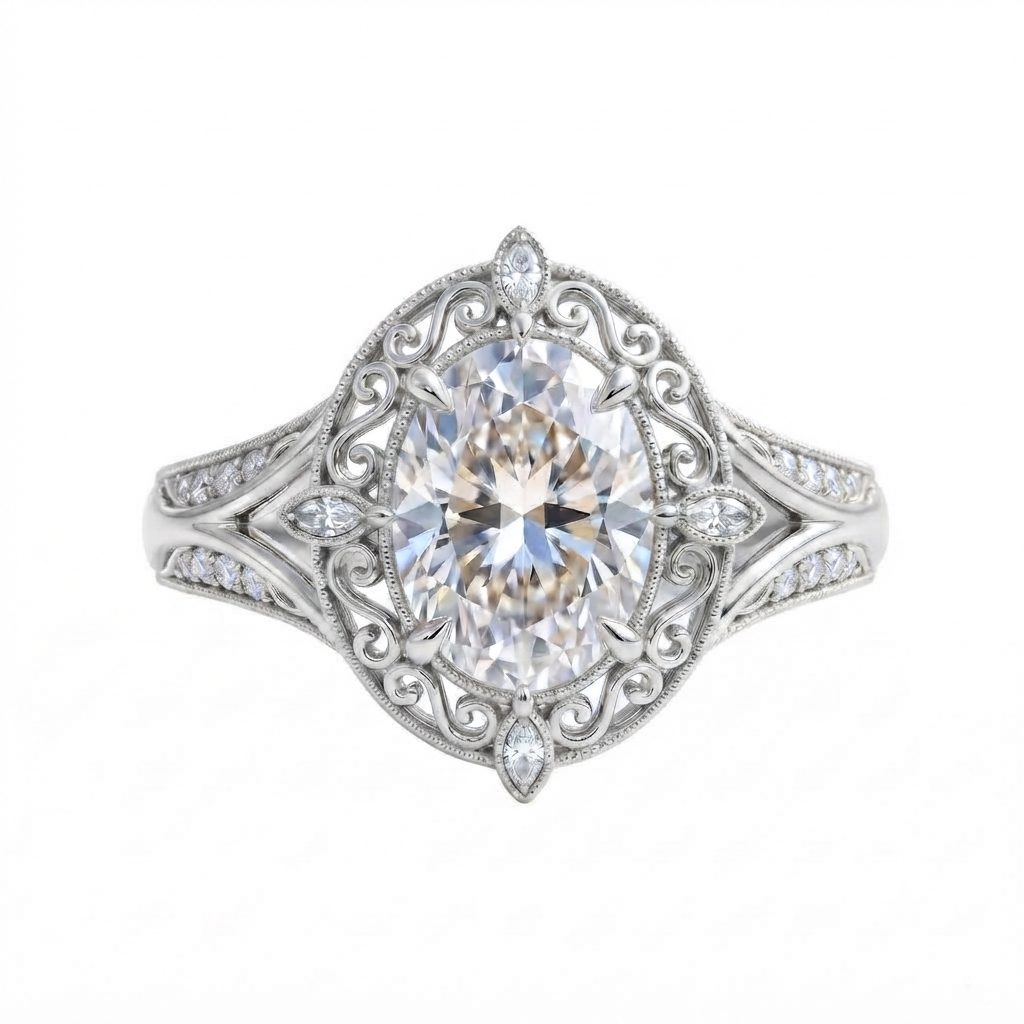 Top-down view of a 3 CT oval cut lab grown diamond filigree halo ring with split shank in white gold.