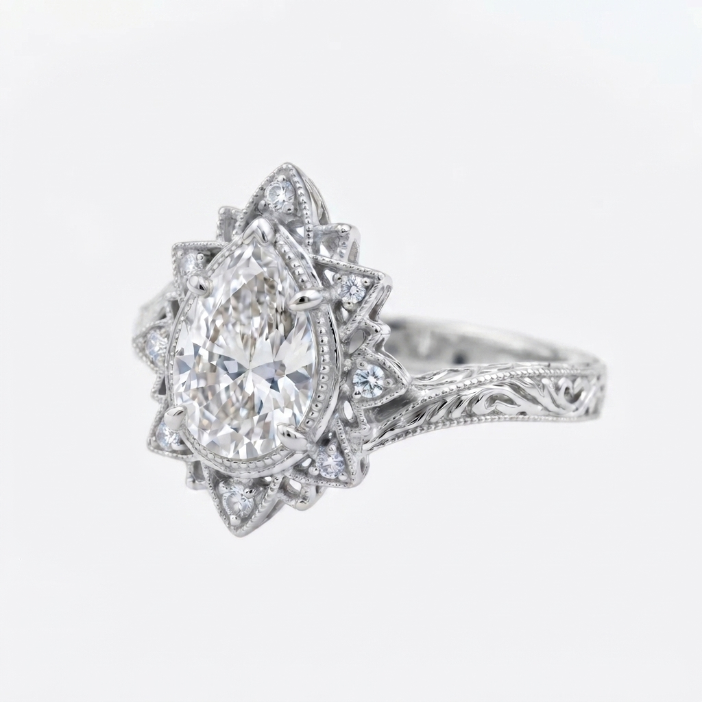 Angled view of a white gold 3 CT pear cut lab grown diamond ring with starburst filigree halo and hand-engraved band.