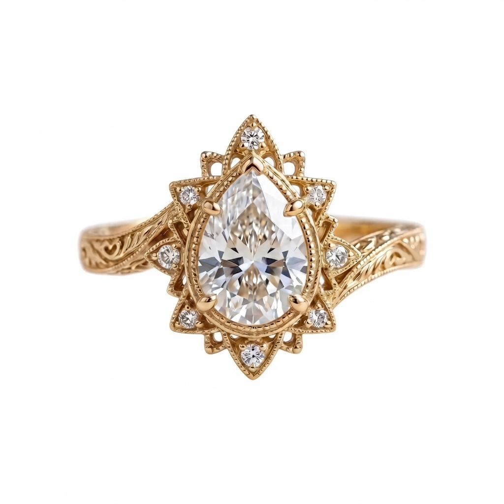 Top-down view of a 3 CT pear cut lab grown diamond engagement ring with starburst halo and engraved band in yellow gold.
