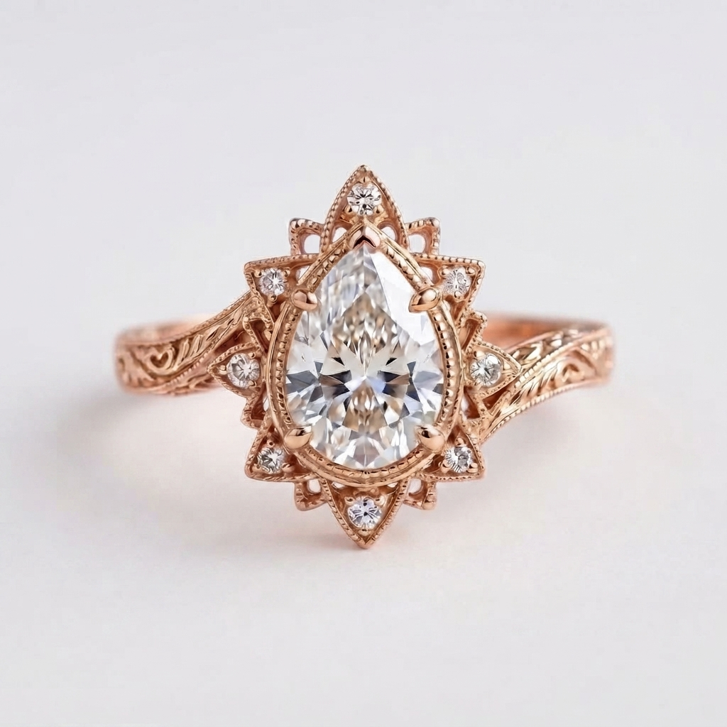 Top-down view of a rose gold 3 CT pear cut lab diamond vintage starburst halo engagement ring.