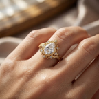 Close-up on hand showing a 3 CT pear lab diamond vintage halo ring with scroll engraved shank in yellow gold.