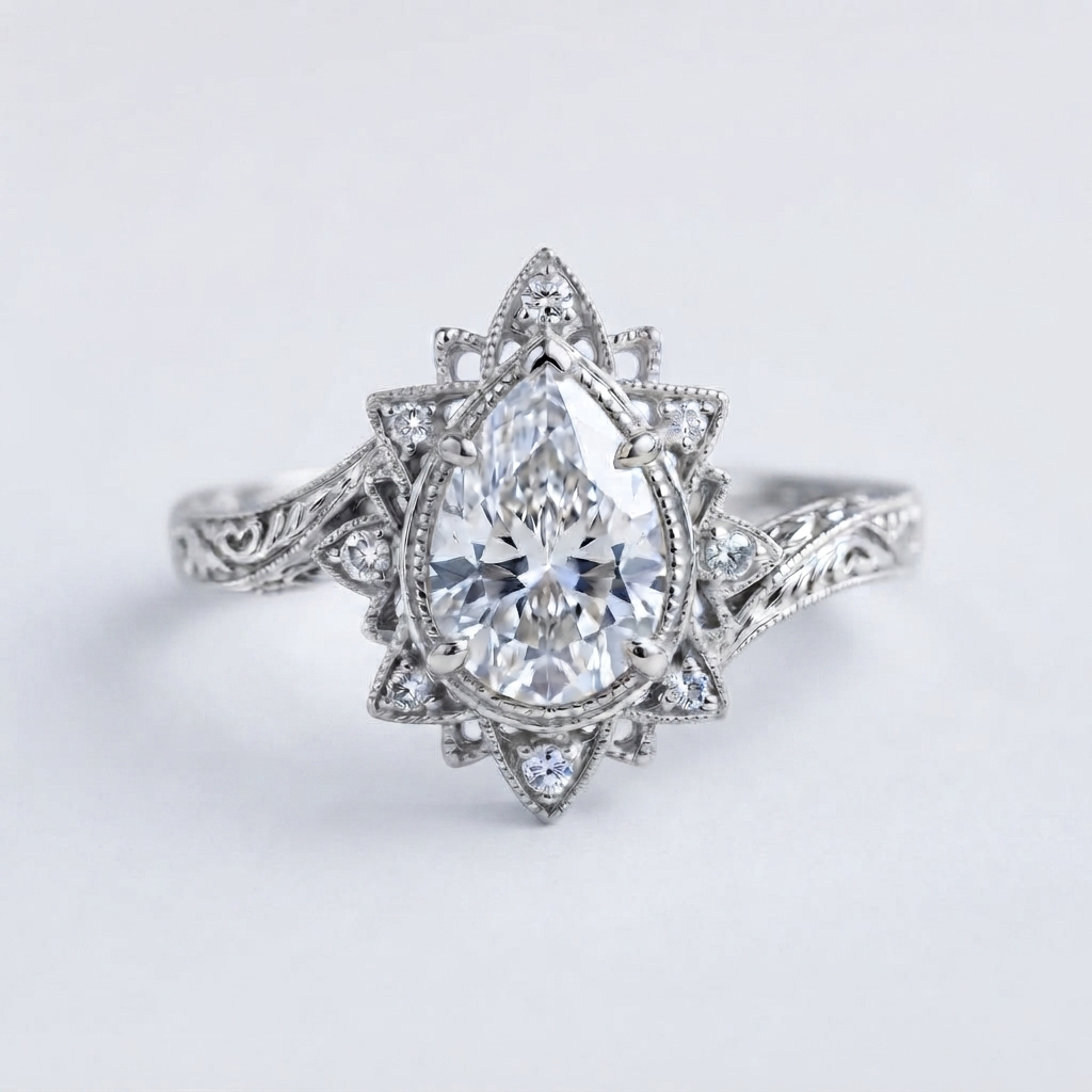 Top-down view of a 3 CT pear cut lab grown diamond vintage starburst halo engagement ring in white gold.