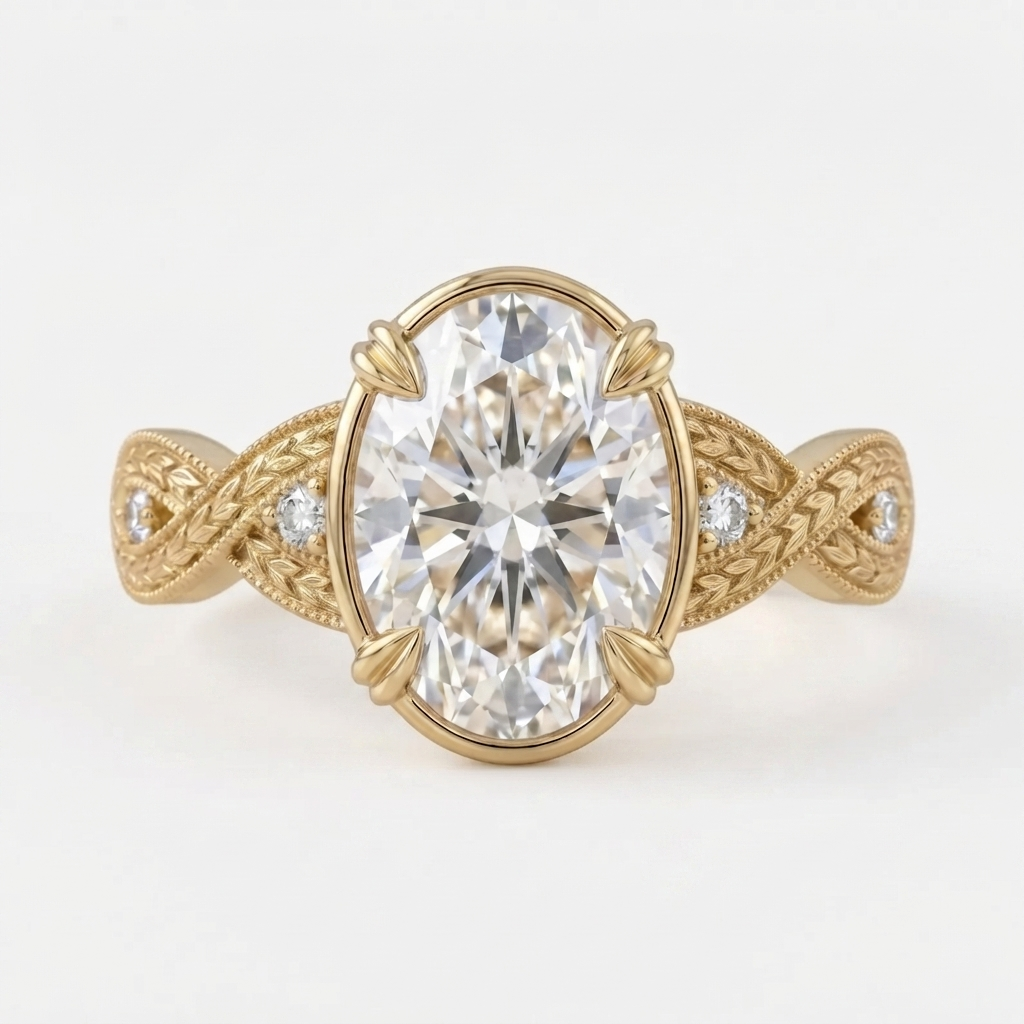 Top-down view of a yellow gold 4 CT oval cut lab grown diamond ring featuring a botanical hand-engraved shank.