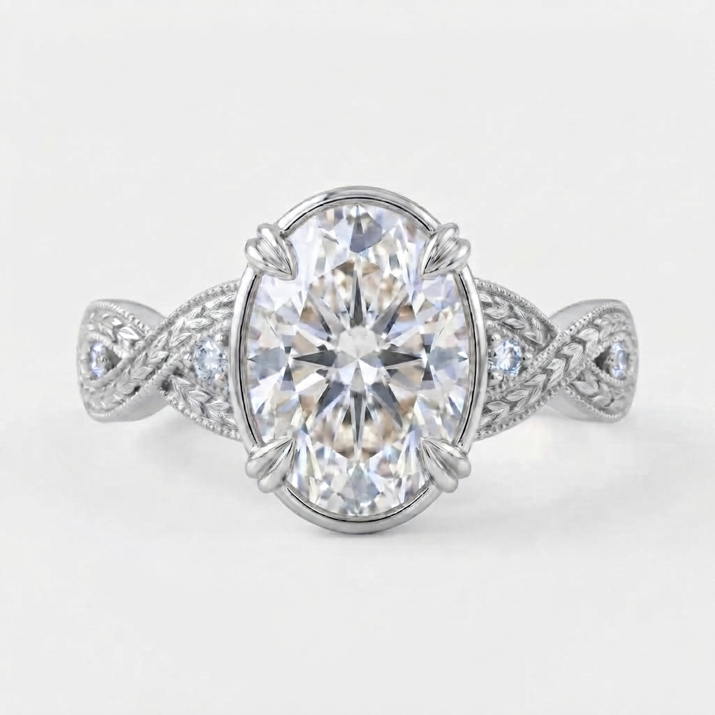 Top-down view of a white gold 4 CT oval cut lab diamond engagement ring with milgrain leaf motif band.