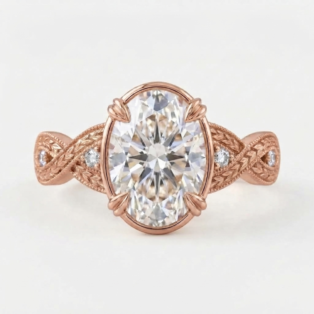 Top-down view of a rose gold 4 CT oval cut lab grown diamond ring with vintage engraved twisted band.