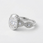 Angled profile view of a white gold 4 CT oval cut lab diamond ring showing detailed botanical scrollwork and prongs.