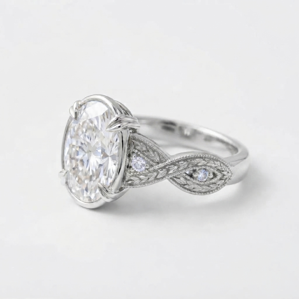 Angled profile view of a white gold 4 CT oval cut lab diamond ring showing detailed botanical scrollwork and prongs.