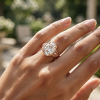 On-hand view of a 4 CT oval cut lab grown diamond vintage leaf-engraved engagement ring in rose gold.