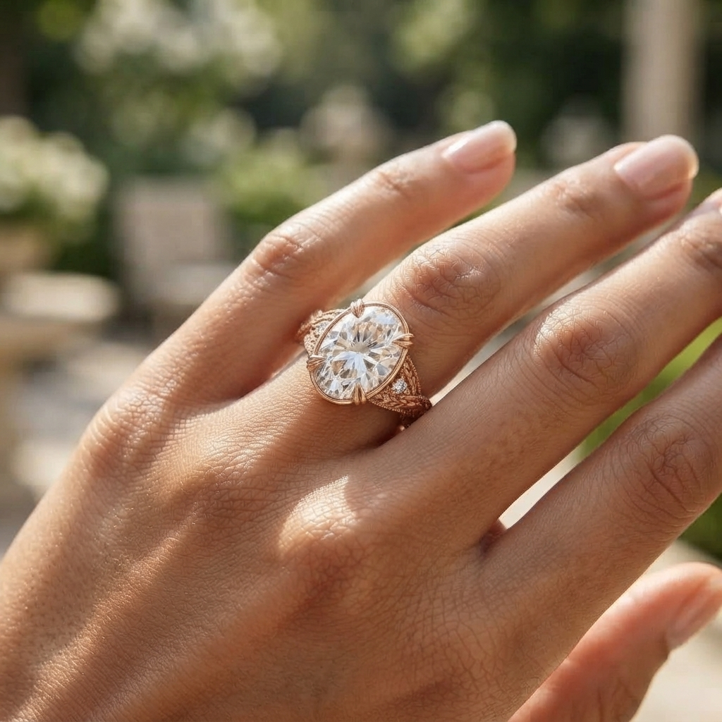 On-hand view of a 4 CT oval cut lab grown diamond vintage leaf-engraved engagement ring in rose gold.