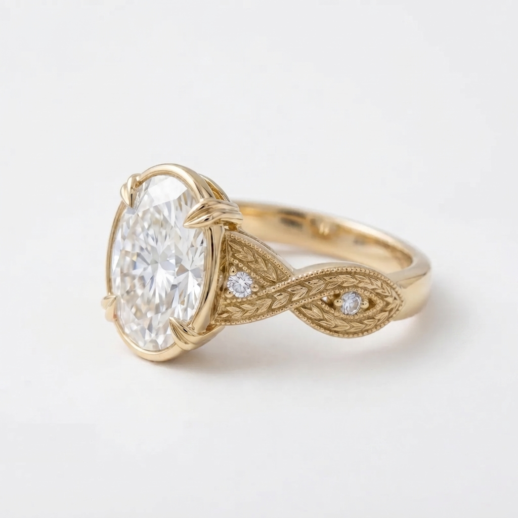 Angled side view of a yellow gold 4 CT oval lab grown diamond engagement ring with a milgrain-detailed twisted shank.