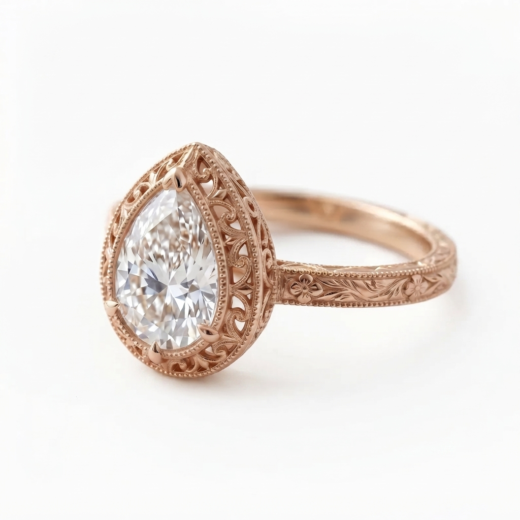Angled perspective view of a rose gold 3 CT pear cut lab grown diamond engagement ring with filigree lace halo and floral carved shank.