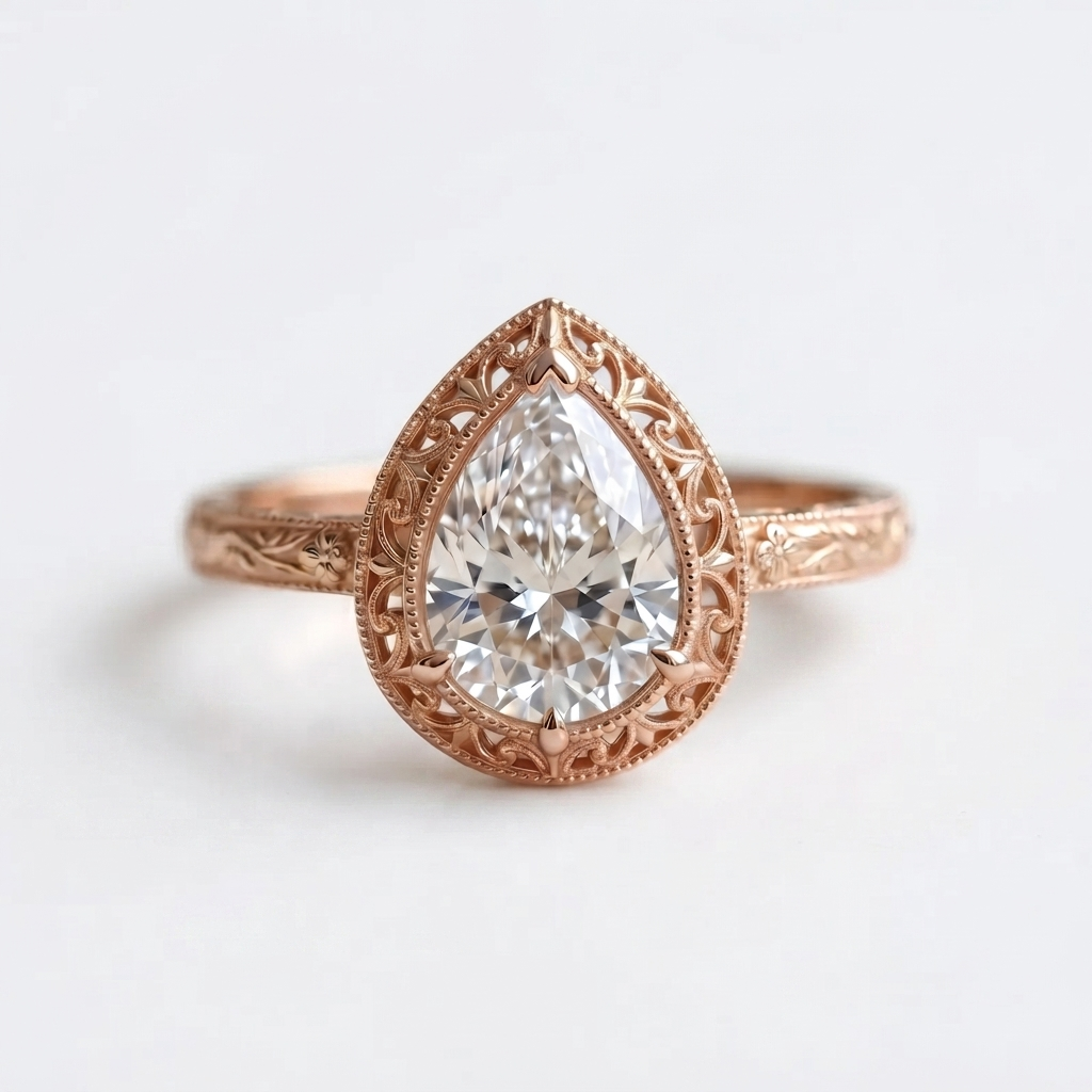 Top-down view of a rose gold 3 CT pear cut lab grown diamond engagement ring with milgrain-accented filigree crown.
