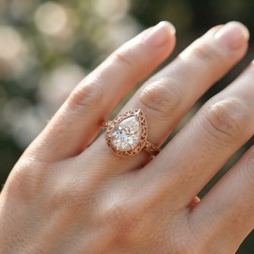 On-hand view of a rose gold 3 CT pear cut lab diamond engagement ring showcasing antique filigree detail and floral band.