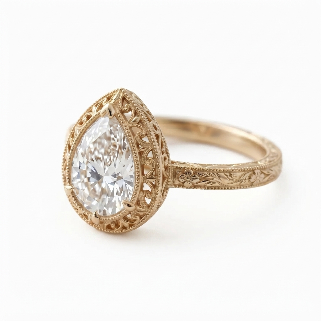 Angled perspective view of a yellow gold 3 CT pear cut lab grown diamond engagement ring with filigree bezel halo.