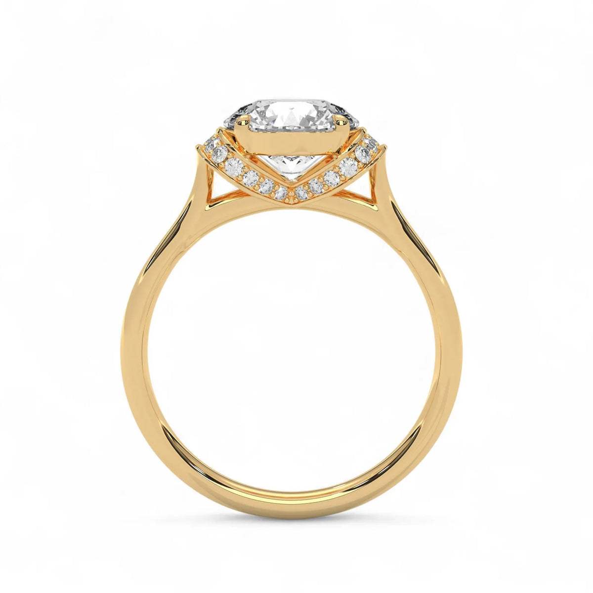 Side profile view of a 3 carat round lab grown diamond ring in yellow gold showing the intricate V-shaped pavé under-halo setting.