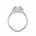 Direct side view of a white gold 3 carat round lab grown diamond engagement ring displaying the micro-pavé diamond accent basket.