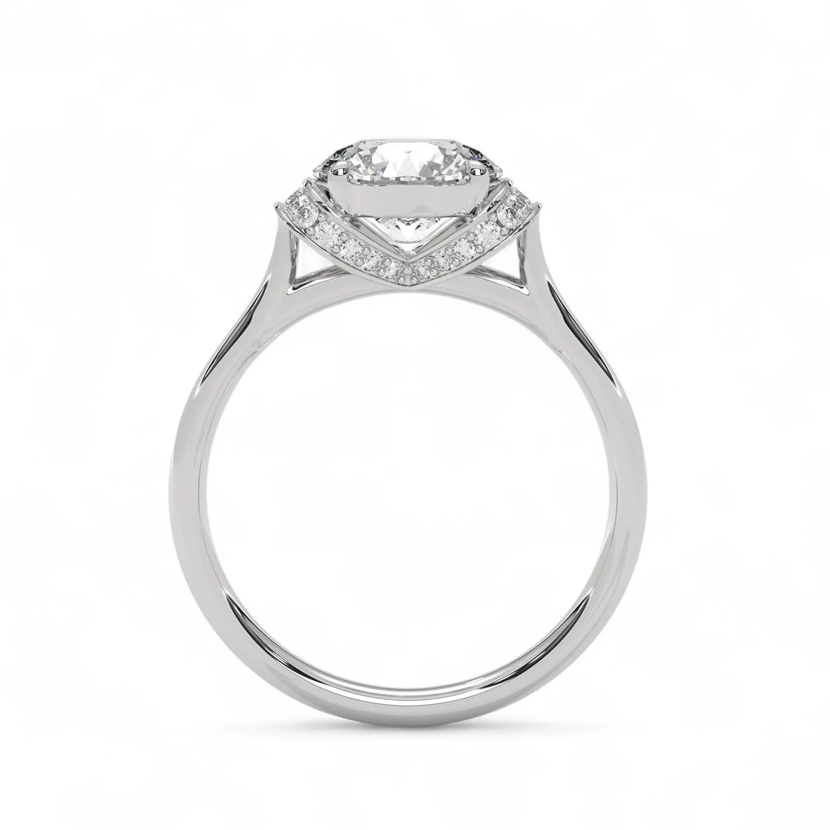 Direct side view of a white gold 3 carat round lab grown diamond engagement ring displaying the micro-pavé diamond accent basket.