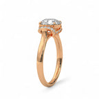 Perspective side view of a rose gold 3 CT round lab diamond ring highlighting the curved diamond-encrusted collar and smooth band.