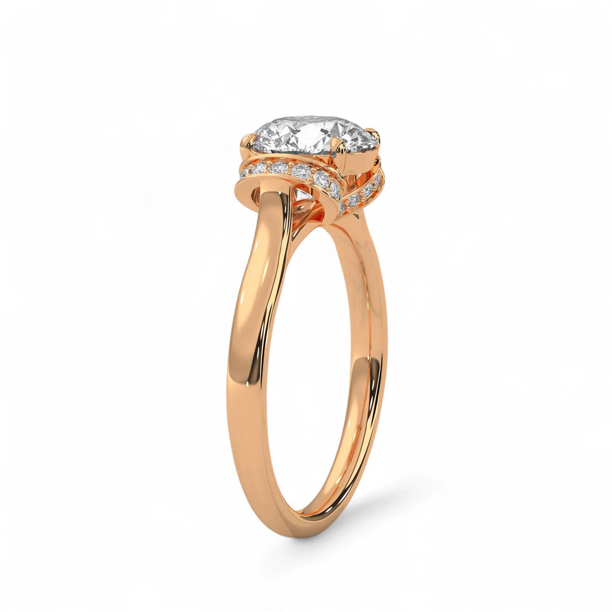 Perspective side view of a rose gold 3 CT round lab diamond ring highlighting the curved diamond-encrusted collar and smooth band.